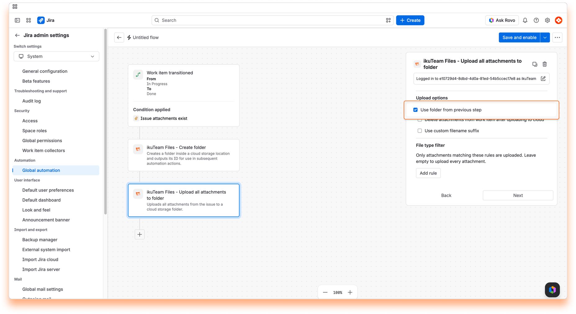“ikuTeam Files - Upload all attachments to folder” action with “Use folder from previous step” selected