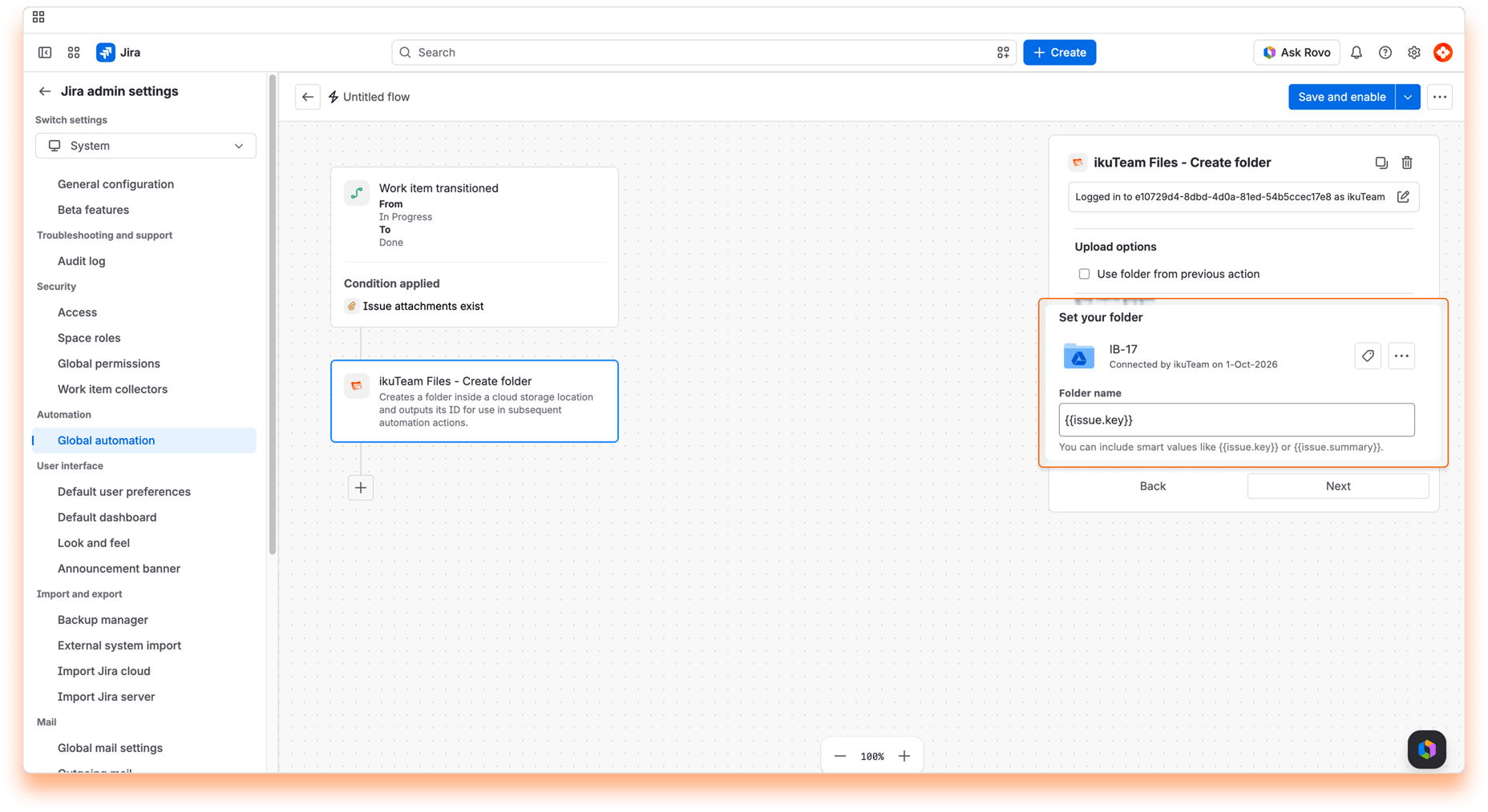“ikuTeam Files - Create folder” action with the folder name set to 
