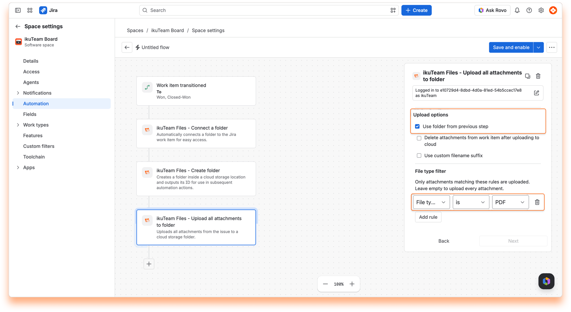 “ikuTeam Files - Upload all attachments to folder” action with “Use folder from previous step” selected and a PDF file type filter