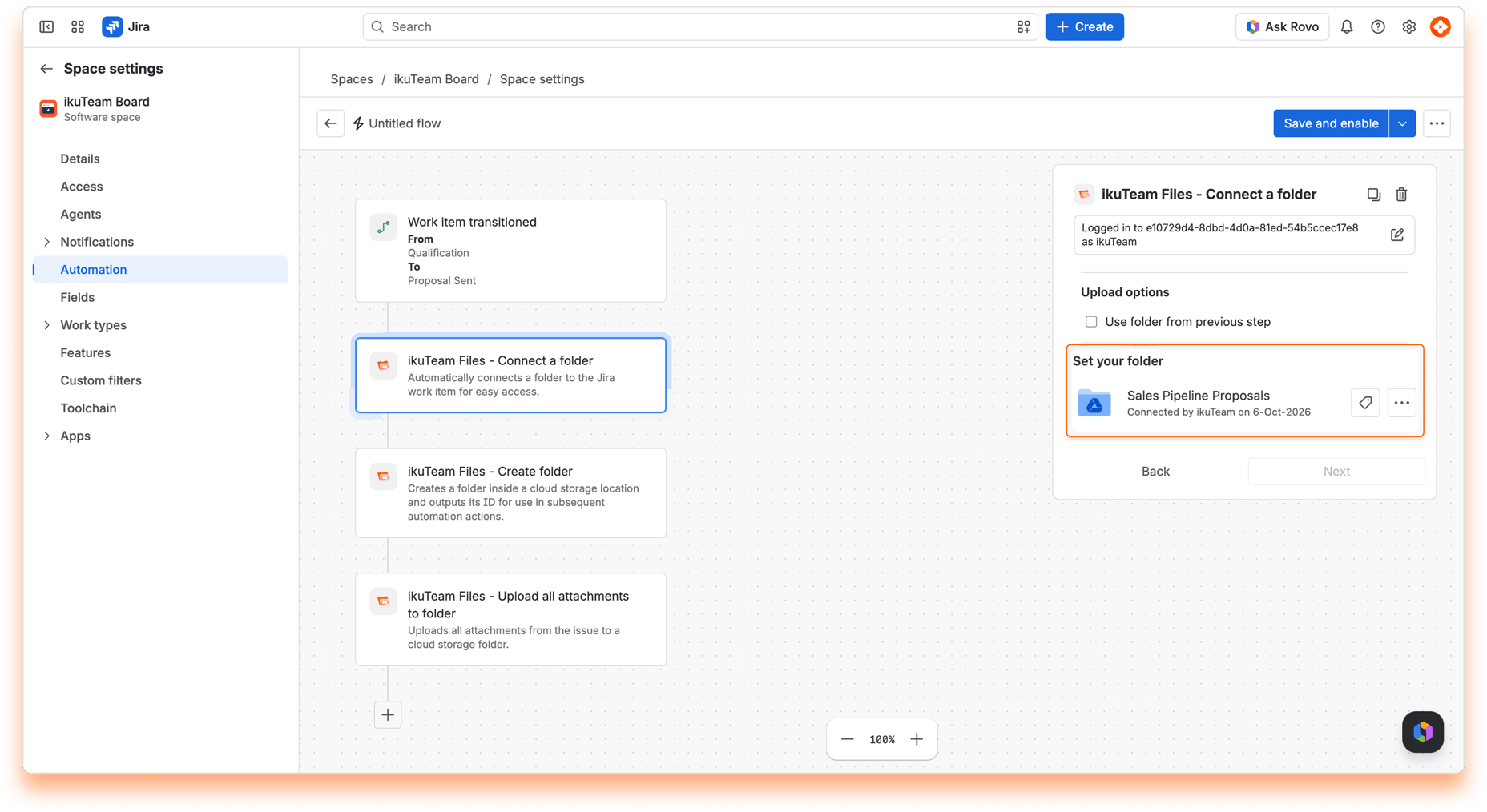 “ikuTeam Files - Connect a folder” action set to the Sales Pipeline Proposals folder