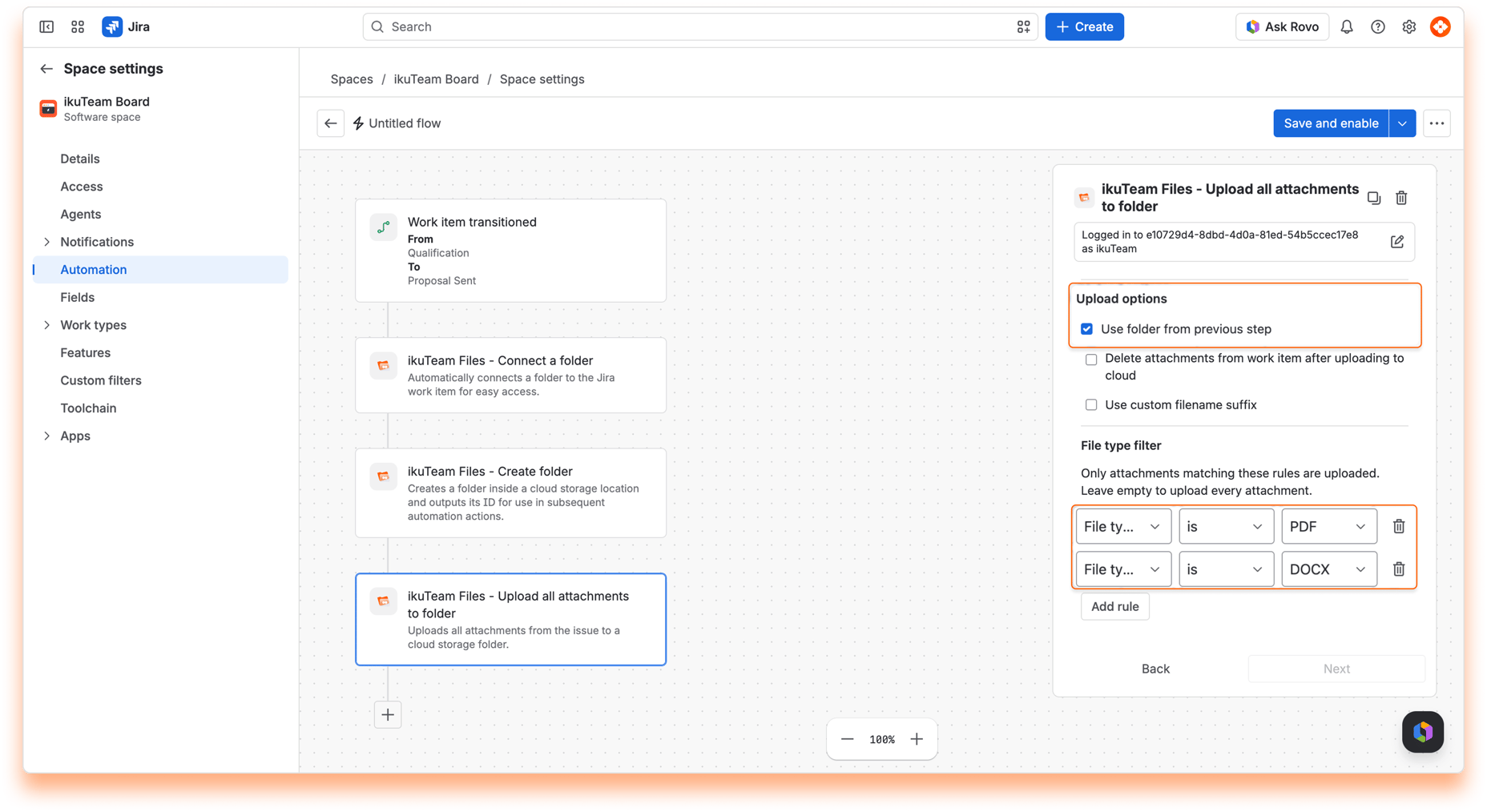 “ikuTeam Files - Upload all attachments to folder” action with “Use folder from previous step” selected and PDF and DOCX file type filters