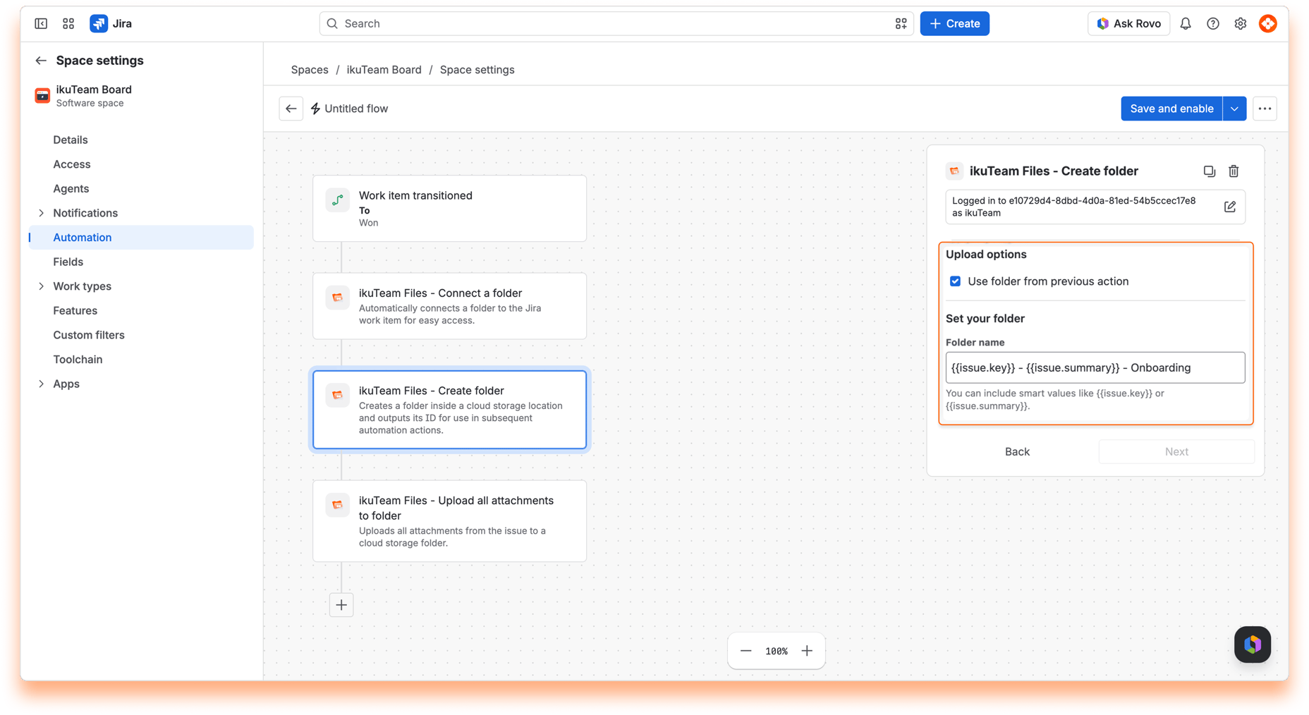 “ikuTeam Files - Create folder” action with a key, summary and “Onboarding” smart value as the folder name