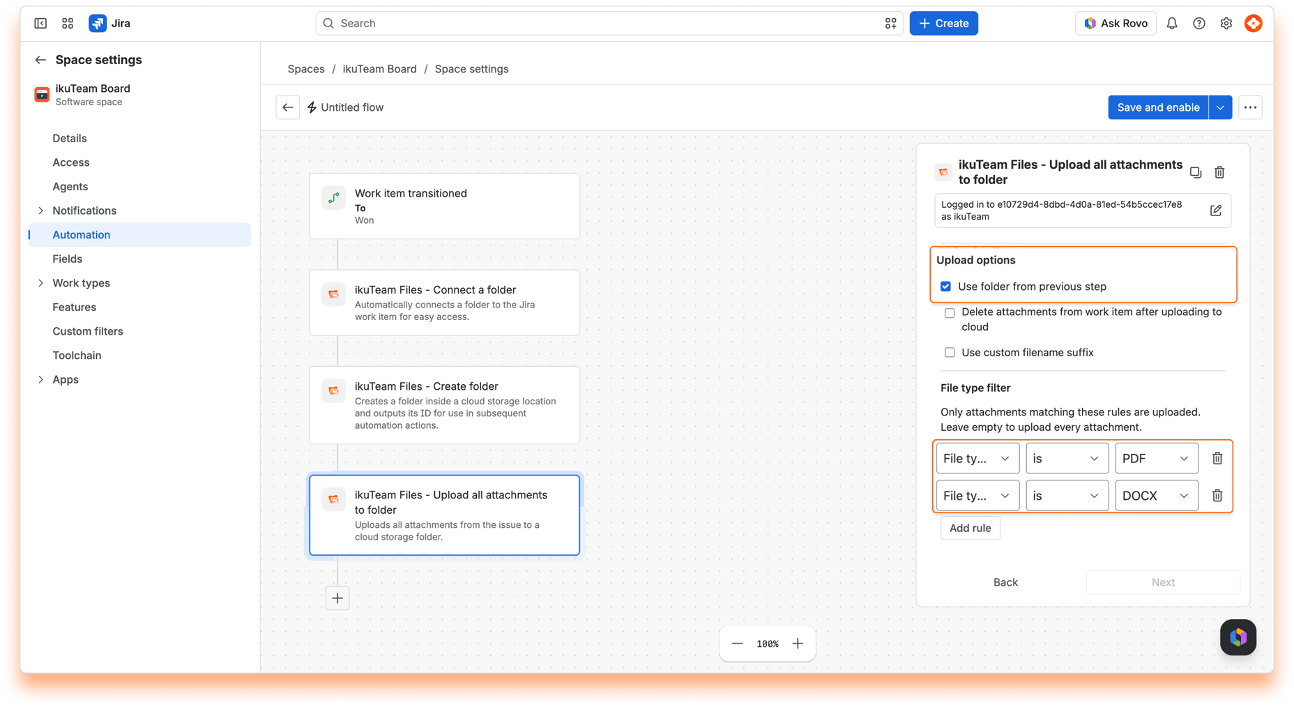 “ikuTeam Files - Upload all attachments to folder” action with “Use folder from previous step” selected and PDF and DOCX file type filters