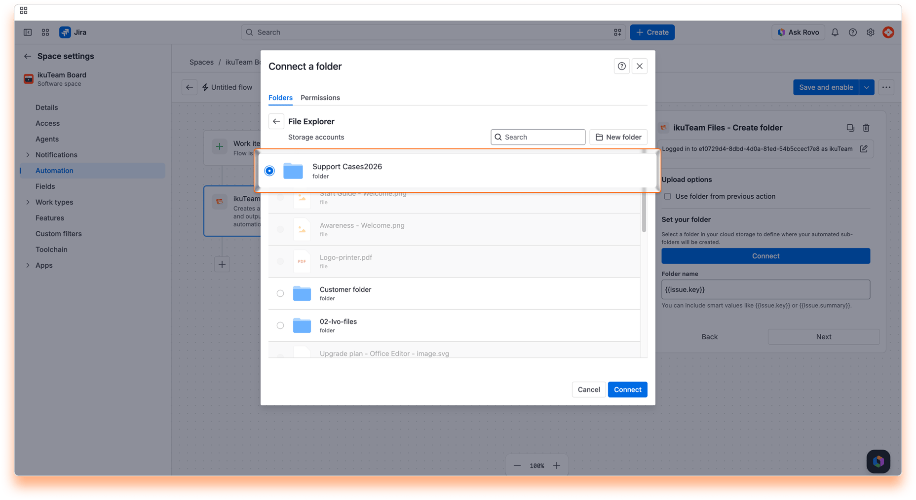 “Connect a folder” dialog with the Support Cases2026 folder selected