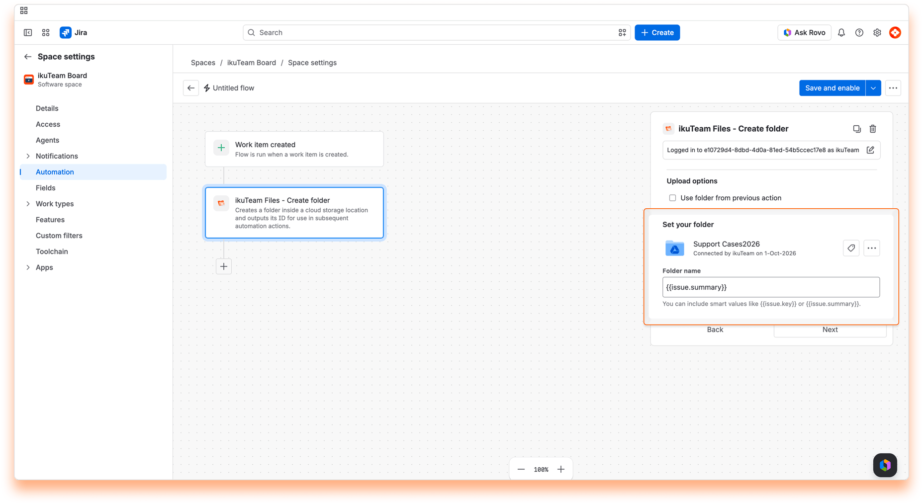 “ikuTeam Files - Create folder” action with the Support Cases2026 folder set and a smart value as the folder name