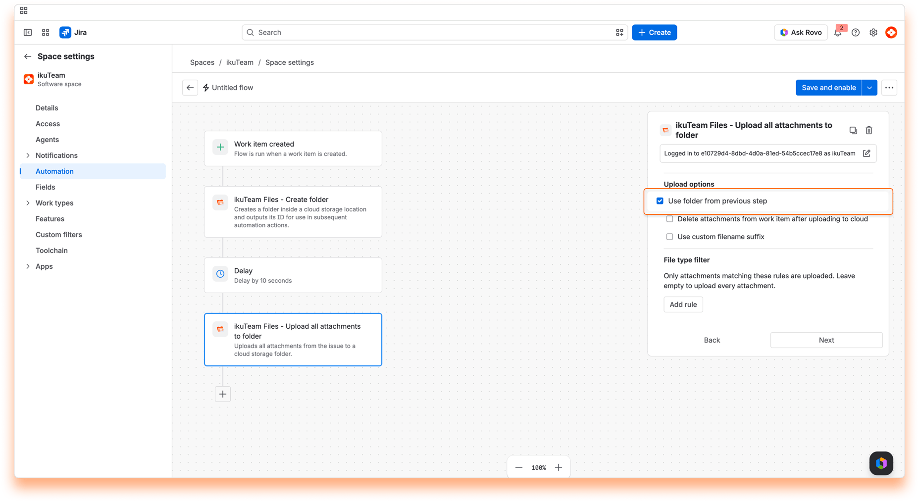 “ikuTeam Files - Upload all attachments to folder” action with “Use folder from previous step” selected