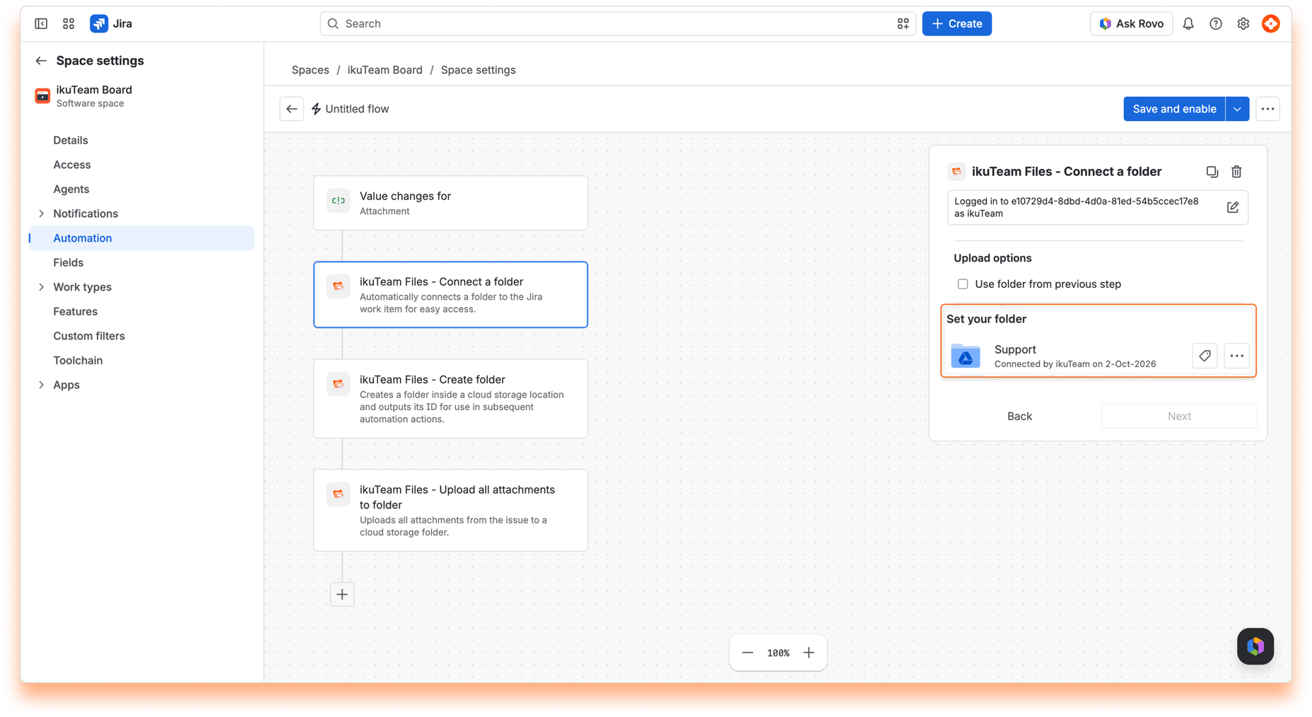 “ikuTeam Files - Connect a folder” action set to the Support folder