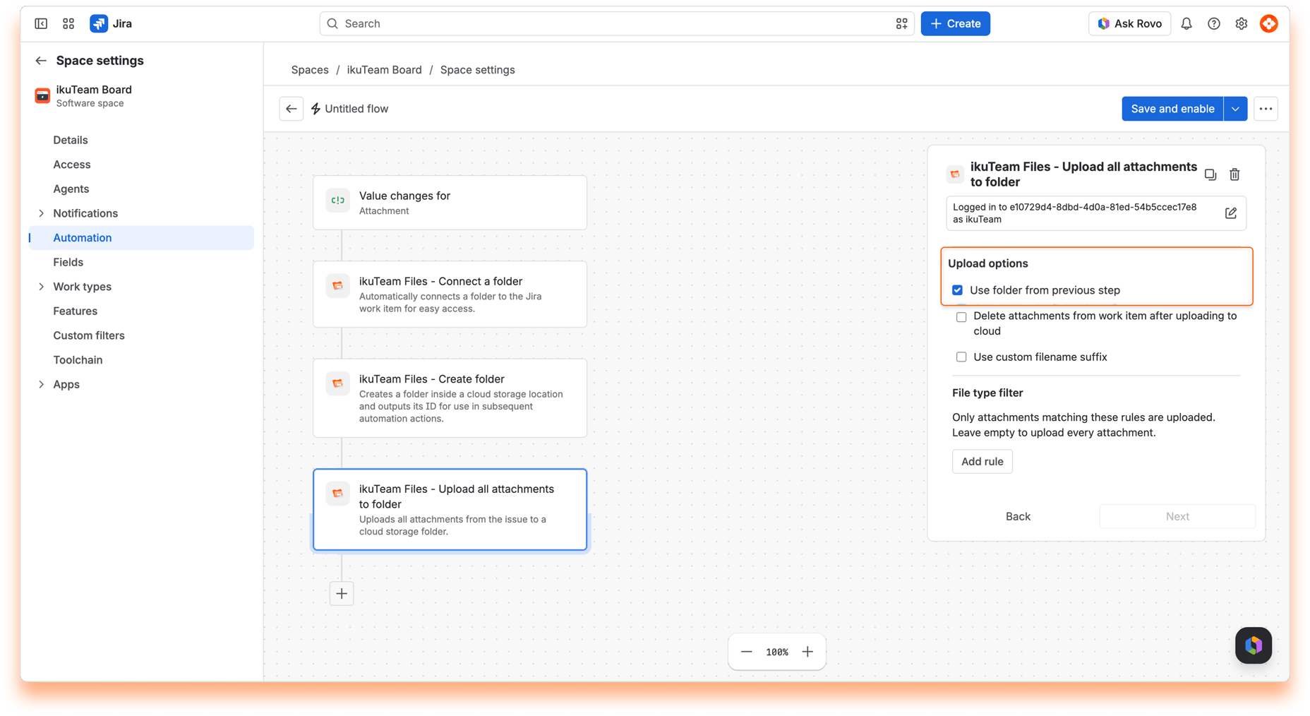 “ikuTeam Files - Upload all attachments to folder” action with “Use folder from previous step” selected