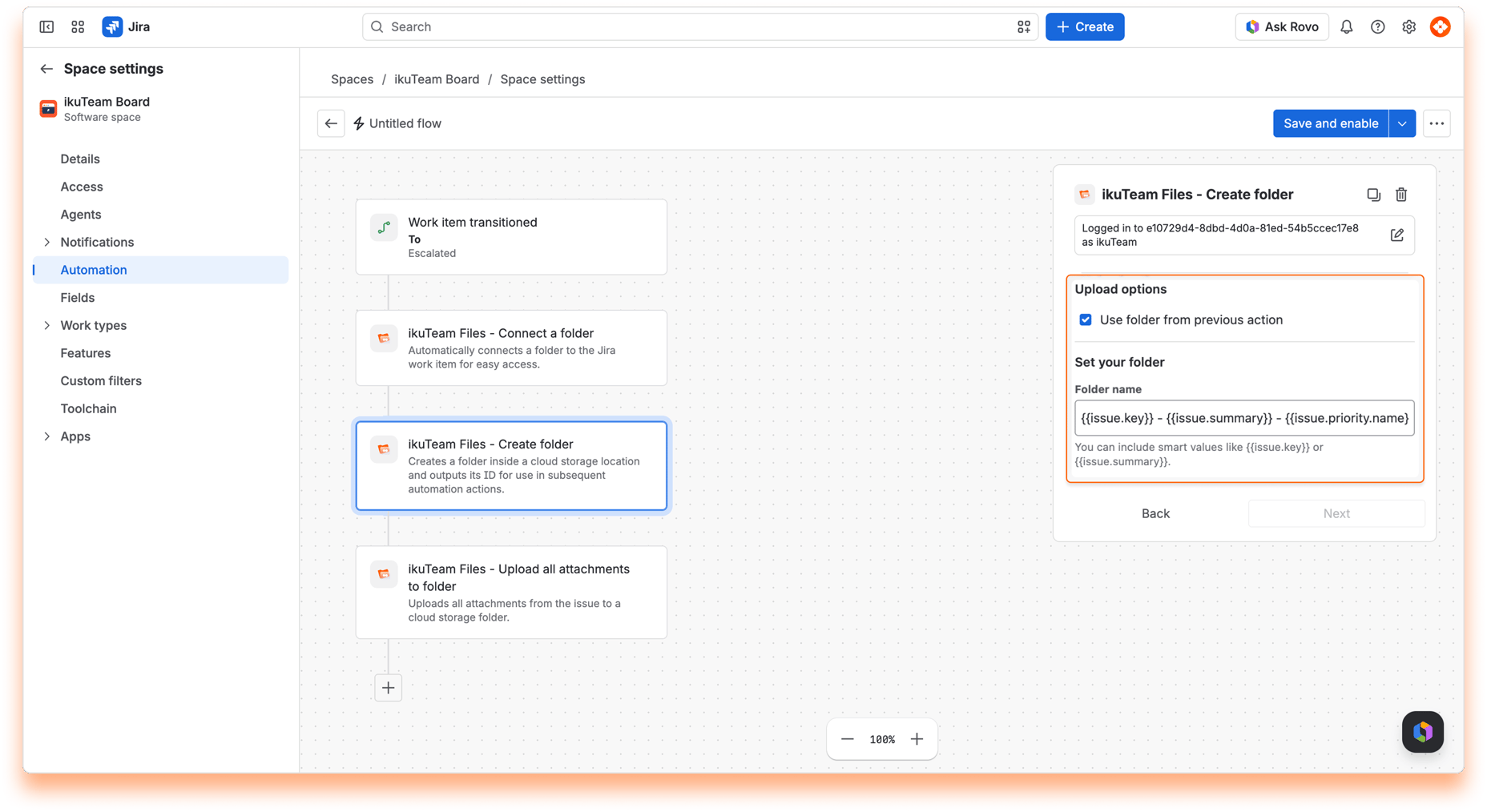 “ikuTeam Files - Create folder” action with a key, summary and priority smart value as the folder name