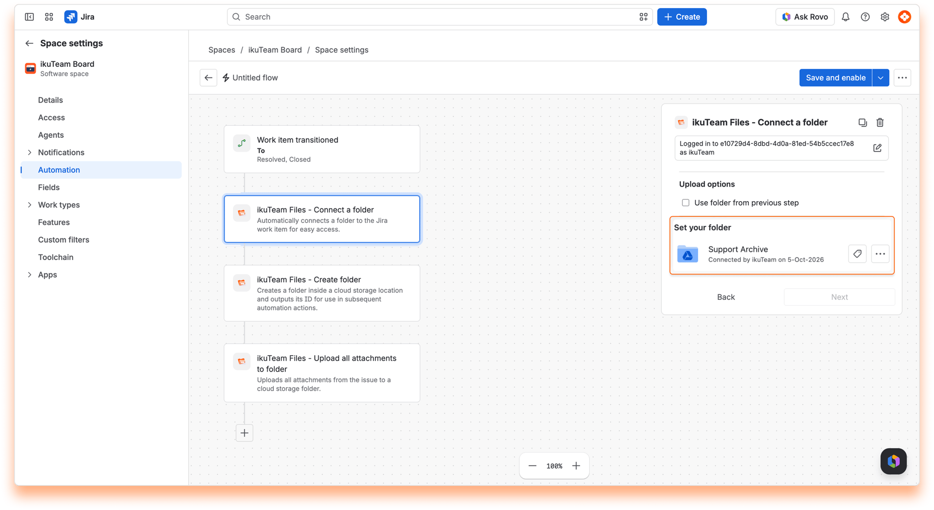 “ikuTeam Files - Connect a folder” action set to the Support Archive folder