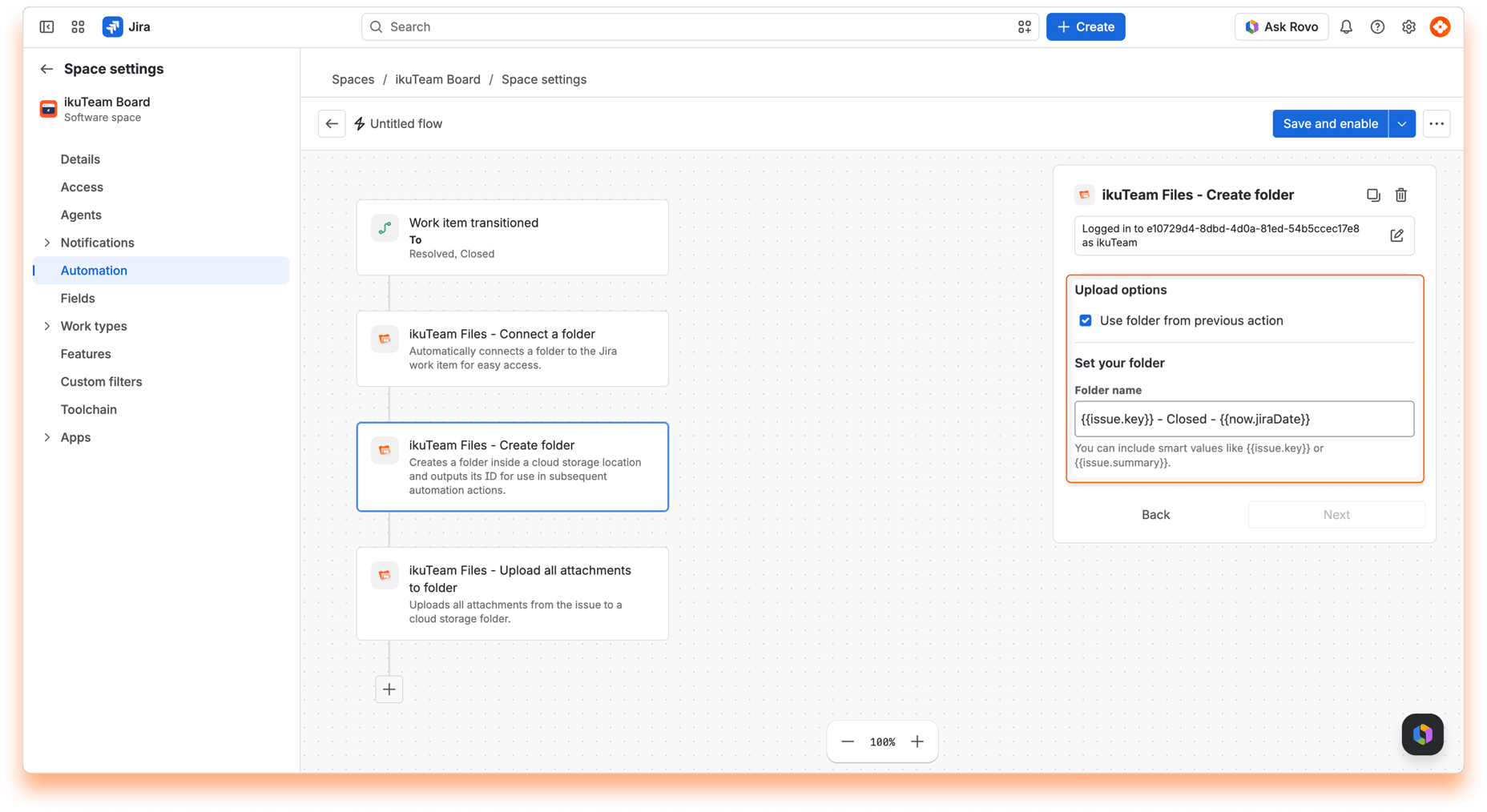 “ikuTeam Files - Create folder” action with a key, “Closed” and date smart value as the folder name
