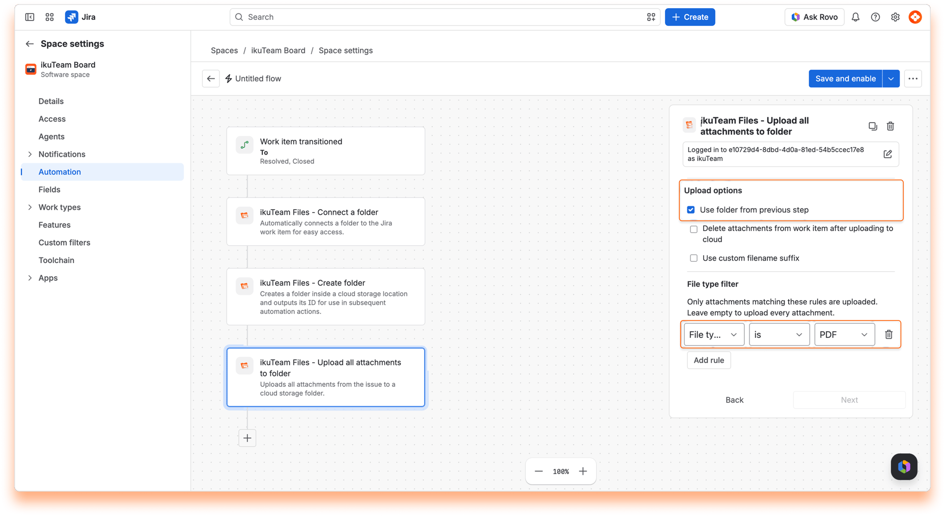 “ikuTeam Files - Upload all attachments to folder” action with “Use folder from previous step” selected and a PDF file type filter