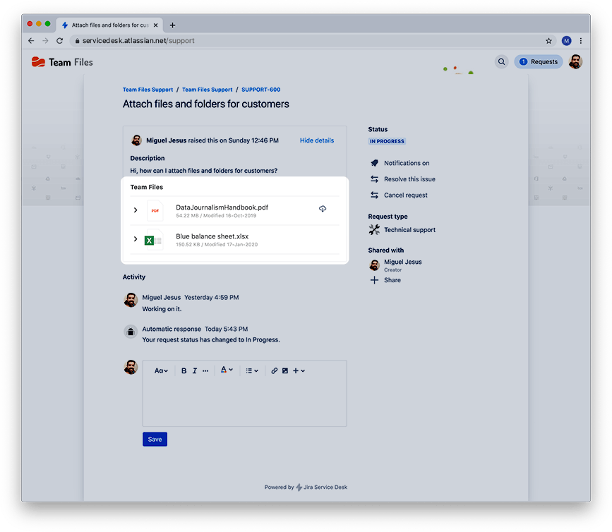 Attach Files and Folders in Jira Service Management with Team Files